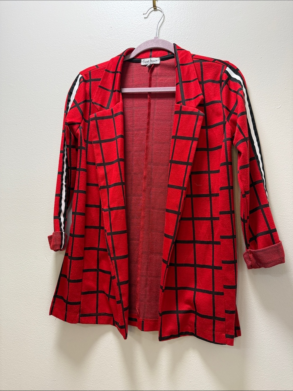 Red and Black Windowpane Open Blazer/Cardigan - Plaid Casual Blazer